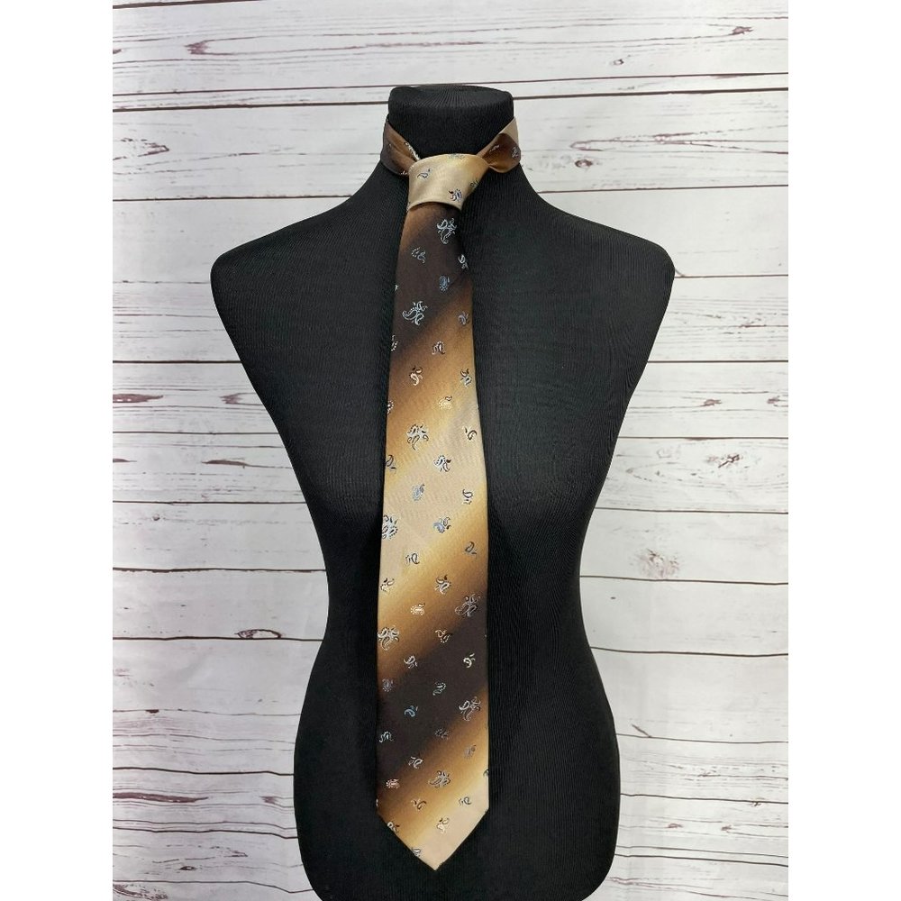 Vintage Oleg Cassini Thin Woven Brown Tan Bronze Paisley Necktie